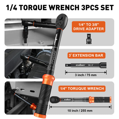 HORUSDY 1/4" Torque Wrench 4PCS Set, 20-240 in-lb Click Torque Wrench with 3" Extension Bar & 1/4" to 3/8" Adapter, Cr-V Inch Pound Torque Wrenches for Bike, Motorcycle & Small Engine Repair