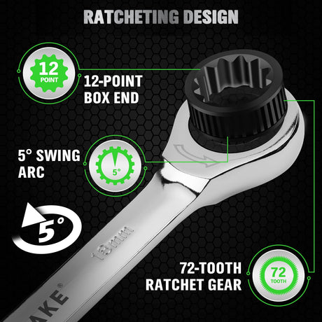 12-Piece Ratchet Wrench Set, Metric 6-18mm Ratchet Combination Wrenches Set, 12-Point 72-Tooth Ratcheting Spanners with Magnetic Base Organizer, Chrome Vanadium Steel for Automotive Mechanic Tool