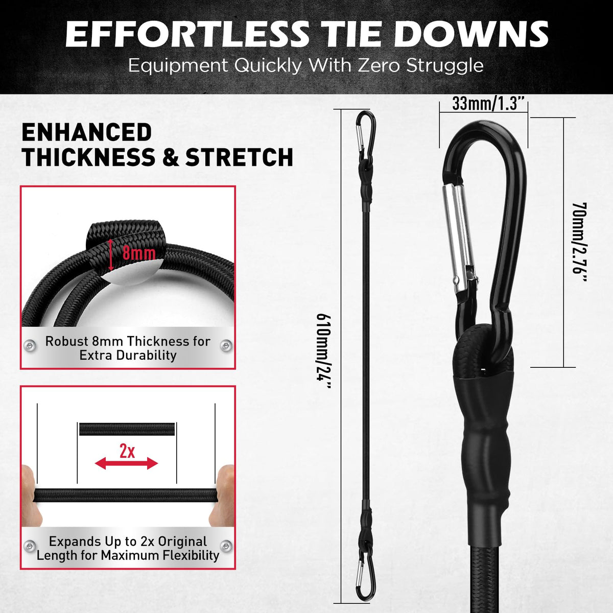 5-Piece 24 Inch Bungee Cords with Carabiner Hooks, Heavy Duty Rubber Elastic Tie Down Straps, Bungee Cord with Carabiner Clips for Cargo, Truck Bed, Camping, Motorcycle and Outdoor Use (Black)