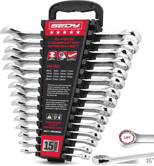 15-Piece Metric Combination Wrench Set, 8–22mm 12-Point Open End and Box End Wrench Kit with Organizer, Chrome Vanadium Steel Tools for Mechanics, Garages and Workshops