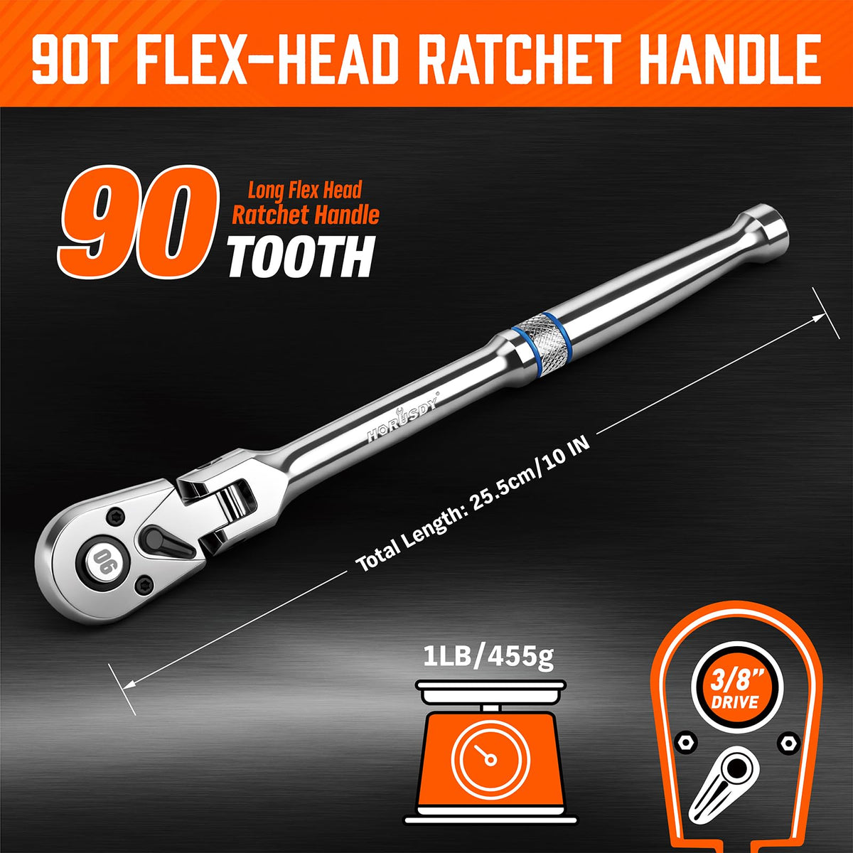 HORUSDY 3/8" Drive 90-Tooth Flex Head Ratchet Handle, 180° Adjustable CR-V Ratchet with Quick Release & Reversible Switch, 4° Swing Arc Socket Wrench for Automotive, Bike & DIY Repair