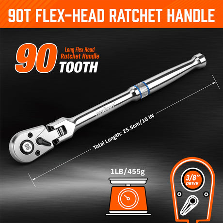 HORUSDY 3/8" Drive 90-Tooth Flex Head Ratchet Handle, 180° Adjustable CR-V Ratchet with Quick Release & Reversible Switch, 4° Swing Arc Socket Wrench for Automotive, Bike & DIY Repair