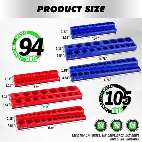 8-Piece Magnetic Socket Organizer Set, SAE & Metric Socket Holders for 1/4", 3/8", 1/2" Drive, Holds 199 Sockets, Rubber-Coated Toolbox Storage Trays, Blue and Red Tool Box Organizer