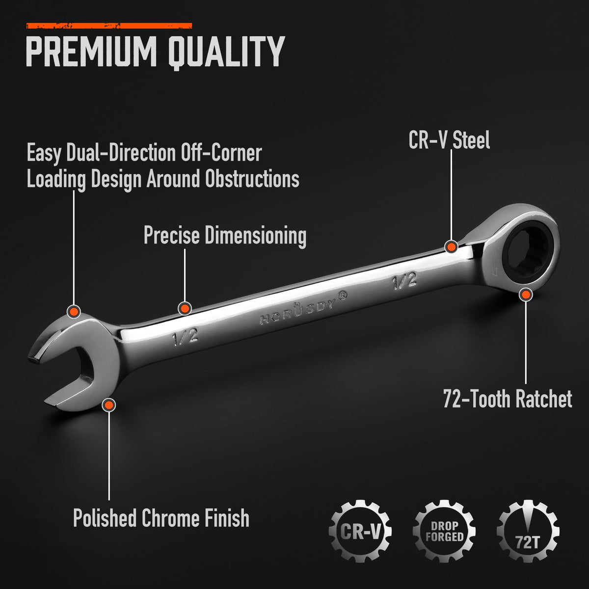 HORUSDY Combination Ratchet Wrenches Set with SAE | 8 Pieces Wrench Set with Wrench Organizer | 72-Tooth | 5° Swing Arc | 1/4" - 11/16" | Chrome Vanadium Steel