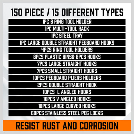 HORUSDY 150 PCS Pegboard Hooks Assortment Kit – 15 Types Heavy Duty Pegboard Accessories with Bins – Fits 1/8 & 1/4 Inch Pegboard Metal Hooks for Garage, Workshop, and Tool Organization