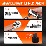 10-Piece Flex-Head Ratchet Set, 1/4", 3/8" & 1/2" Drive Socket Wrenches, 90-Tooth Quick-Release Reversible Low-Profile, Extension Bars (4", 10", 6") & 4 Adapters for Automotive, Bike, and Home Repair