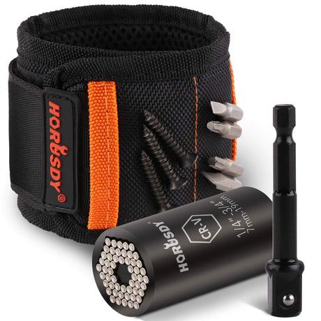 HORUSDY Magnetic Wristband & Universal Socket Grip (7–19mm), Stocking Stuffers Gifts for Men with Strong Magnets for Holding Screws, Nails, Drilling Bits, DIY, Christmas Tool Gift for Men