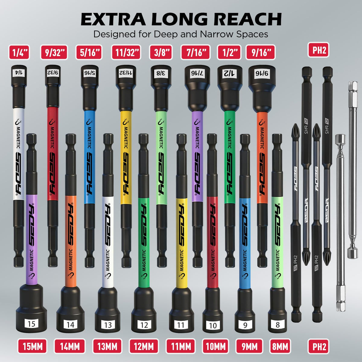22-Piece Magnetic Extra Long Nut Driver Set, SAE (9/16"-1/4") & Metric (8-15mm), 6" Impact Nut Drivers with PH2 Bits, 1.5lb Telescoping Magnetic Pickup Tool & Storage Rail, 1/4" Hex Shank, S2 Steel