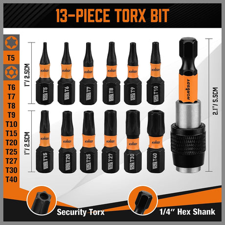 HORUSDY Tamper Proof Torx Bit Set, 13-Pieces T5-T40 Security Torx Bits with Magnetic Tips, Torque Star Bits with 2.1" Self-locking Quick Change and Storage Box, S2 Steel