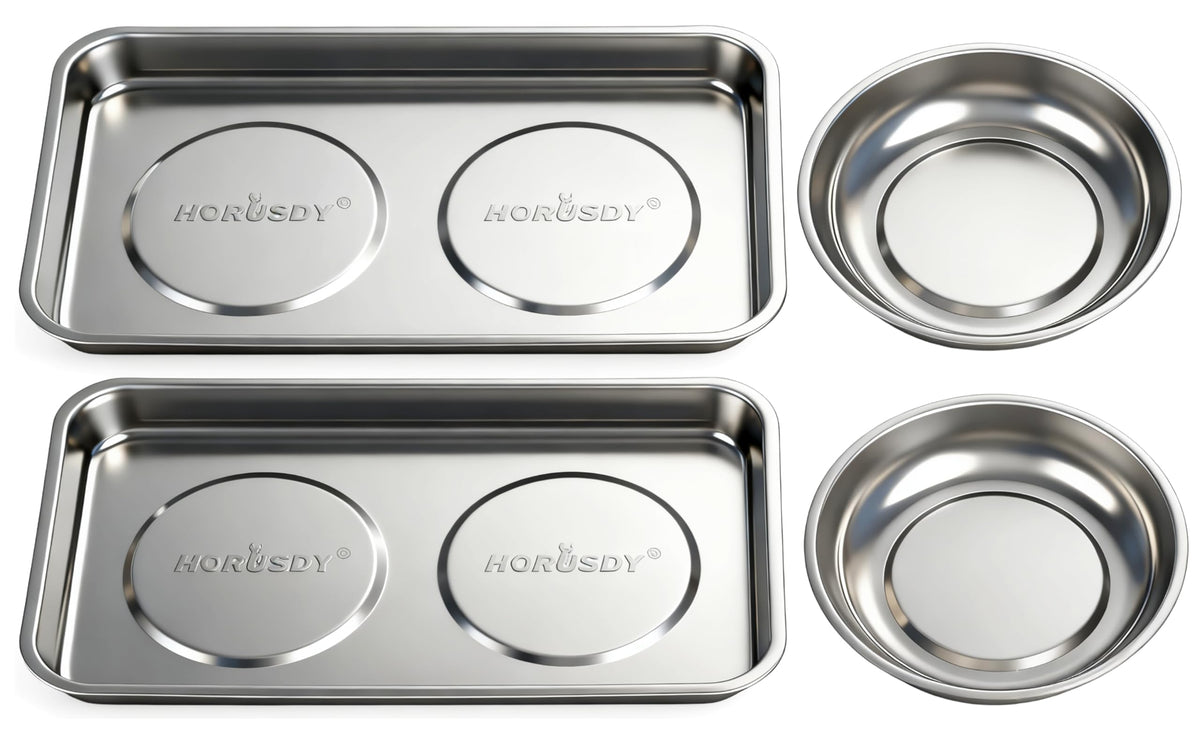 HORUSDY 4-Piece Large Magnetic Parts Tray Set, Stainless Steel Heavy Duty 9.5" W x 5.5''L Square and 4.5" Round Magnetic Trays Tools Parts Tray