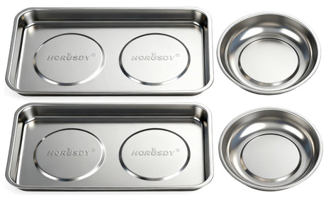 HORUSDY 4-Piece Large Magnetic Parts Tray Set, Stainless Steel Heavy Duty 9.5" W x 5.5''L Square and 4.5" Round Magnetic Trays Tools Parts Tray