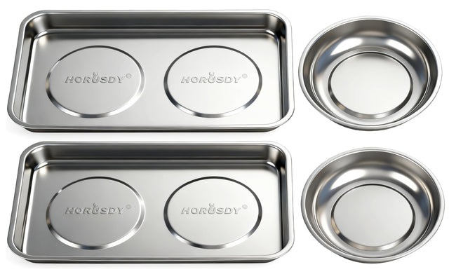 HORUSDY 4-Piece Large Magnetic Parts Tray Set, Stainless Steel Heavy Duty 9.5" W x 5.5''L Square and 4.5" Round Magnetic Trays Tools Parts Tray