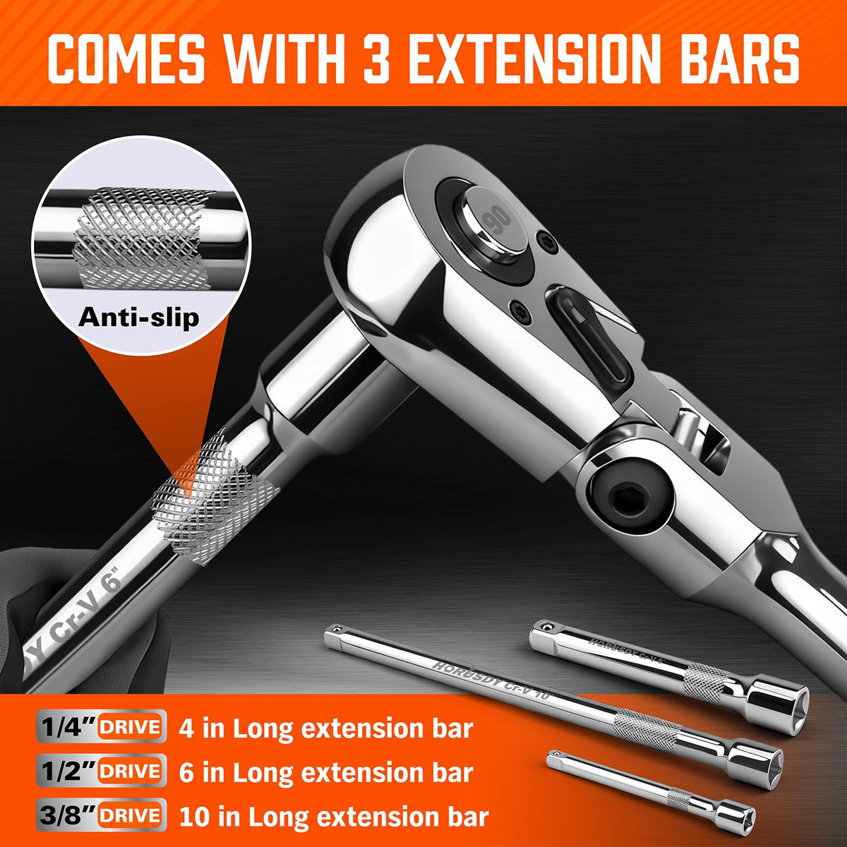 10-Piece Flex-Head Ratchet Set, 1/4", 3/8" & 1/2" Drive Socket Wrenches, 90-Tooth Quick-Release Reversible Low-Profile, Extension Bars (4", 10", 6") & 4 Adapters for Automotive, Bike, and Home Repair