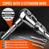 10-Piece Flex-Head Ratchet Set, 1/4", 3/8" & 1/2" Drive Socket Wrenches, 90-Tooth Quick-Release Reversible Low-Profile, Extension Bars (4", 10", 6") & 4 Adapters for Automotive, Bike, and Home Repair