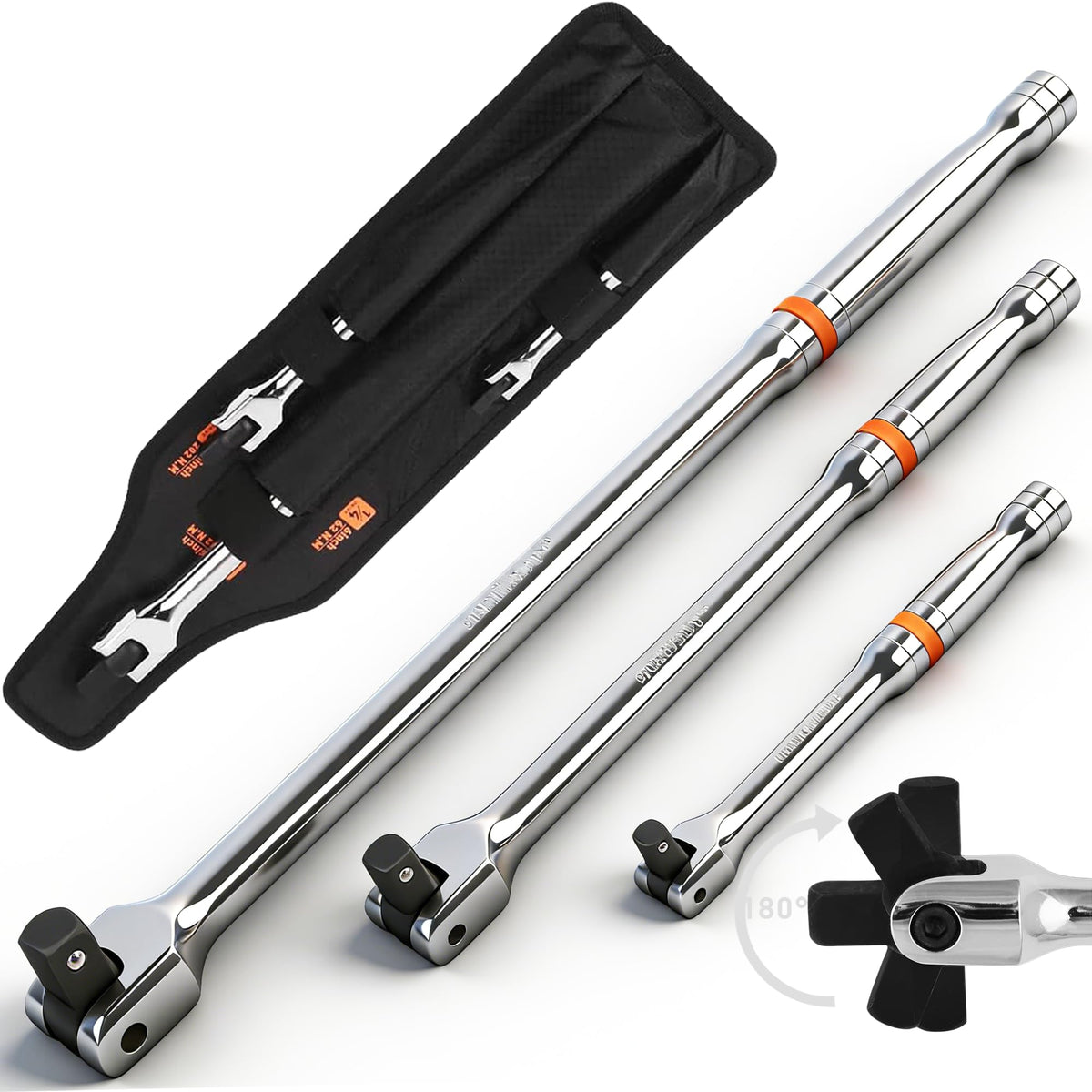 HORUSDY 3-Piece Breaker Bar Set with 180° Rotatable Head, 1/4'', 3/8'' and 1/2'' Drive, 6'', 10'', 15'' Length, Heavy Duty Breaker Bars with Chrome Vanadium Steel