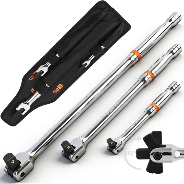 HORUSDY 3-Piece Breaker Bar Set with 180° Rotatable Head, 1/4'', 3/8'' and 1/2'' Drive, 6'', 10'', 15'' Length, Heavy Duty Breaker Bars with Chrome Vanadium Steel