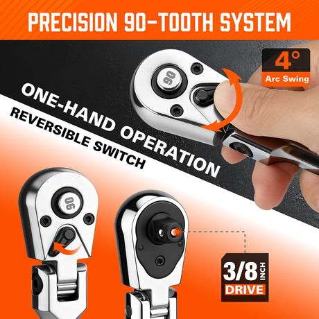 HORUSDY 3/8" Drive 90-Tooth Flex Head Ratchet Handle, 180° Adjustable CR-V Ratchet with Quick Release & Reversible Switch, 4° Swing Arc Socket Wrench for Automotive, Bike & DIY Repair
