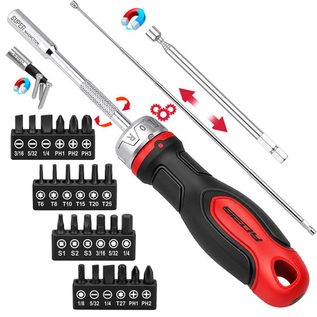 26-Piece Ratcheting Screwdriver Bit Set with 1/4" Magnetic Ratchet Driver, S2 Steel Bits, Telescopic Magnetic Extension Rod, Torx Phillips Slotted & Hex Bits Kit for Home Repair, Garage and DIY