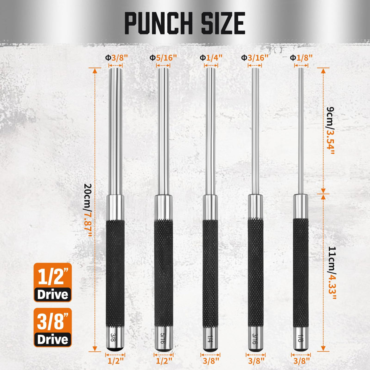 HORUSDY 5-Piece Roll Pin Punch Set, 8-Inch Carbon Steel Pin Punch Tool Kit (1/8" to 3/8") with Storage Pouch for Gunsmithing, Watch & Jewelry Repair