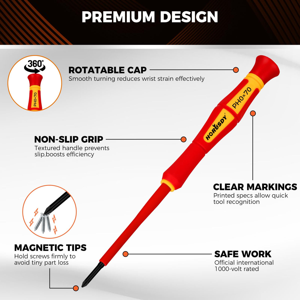 HORUSDY 12-Piece Precision Screwdriver Set, 1000V Insulated Electrician Screwdrivers with Magnetic Tips & Rotatable Top Cap, Phillips PH0/PH00, Slotted 1.8–3mm & Torx T5–T10 with Portable Storage Bag
