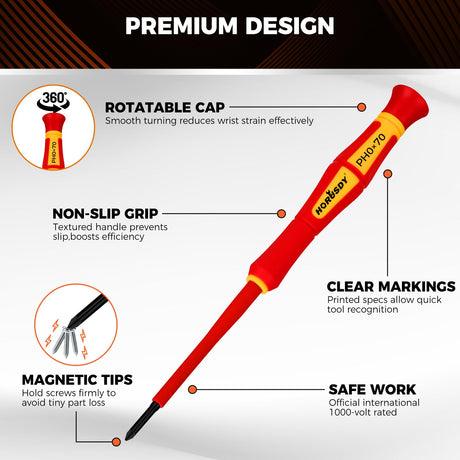 HORUSDY 12-Piece Precision Screwdriver Set, 1000V Insulated Electrician Screwdrivers with Magnetic Tips & Rotatable Top Cap, Phillips PH0/PH00, Slotted 1.8–3mm & Torx T5–T10 with Portable Storage Bag