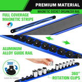 3/8-Inch Magnetic Socket Organizer Rail, Aluminum Alloy Socket Rail, Heavy Duty Sockets Holder with 14 Clips, 360° Swivel Clip Tool Tray, Sockets Organizer for Tool Box Drawer (Blue)