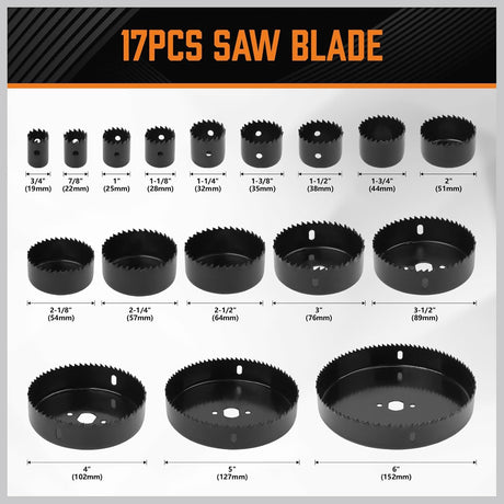 HORUSDY Hole Saw Set 24PCS Hole Saw Kit,Hole Saw Drill Bit Kit, 3/4"-6" (19-152mm) 17PCS Saw Blades, 2 Mandrels, 3 Drill Bit, Installation Plate, Hex Key, For Drywall, Soft Wood, Plywood, Plastic, PVC
