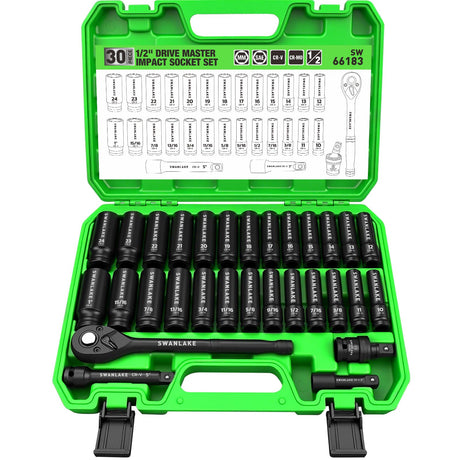 30-Piece 1/2" Drive Impact Socket Set, Standard SAE (3/8-1 inch) and Metric (10-24mm) 6 Point CR-V Steel Deep Socket, Ratchet Handle, 3" & 5" Extension Bar, CR-MO Impact Universal Joint