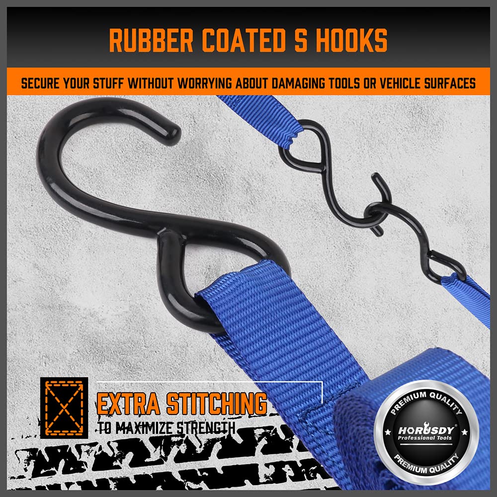 HORUSDY Ratchet Straps, 2,200 LB Break Strength, 4-Pack 15FT Ratchet Tie Down Straps Set for Motorcycle Straps Tie Downs, Appliances, Lawn Equipment, Cargo Straps for Trucks. (Blue)
