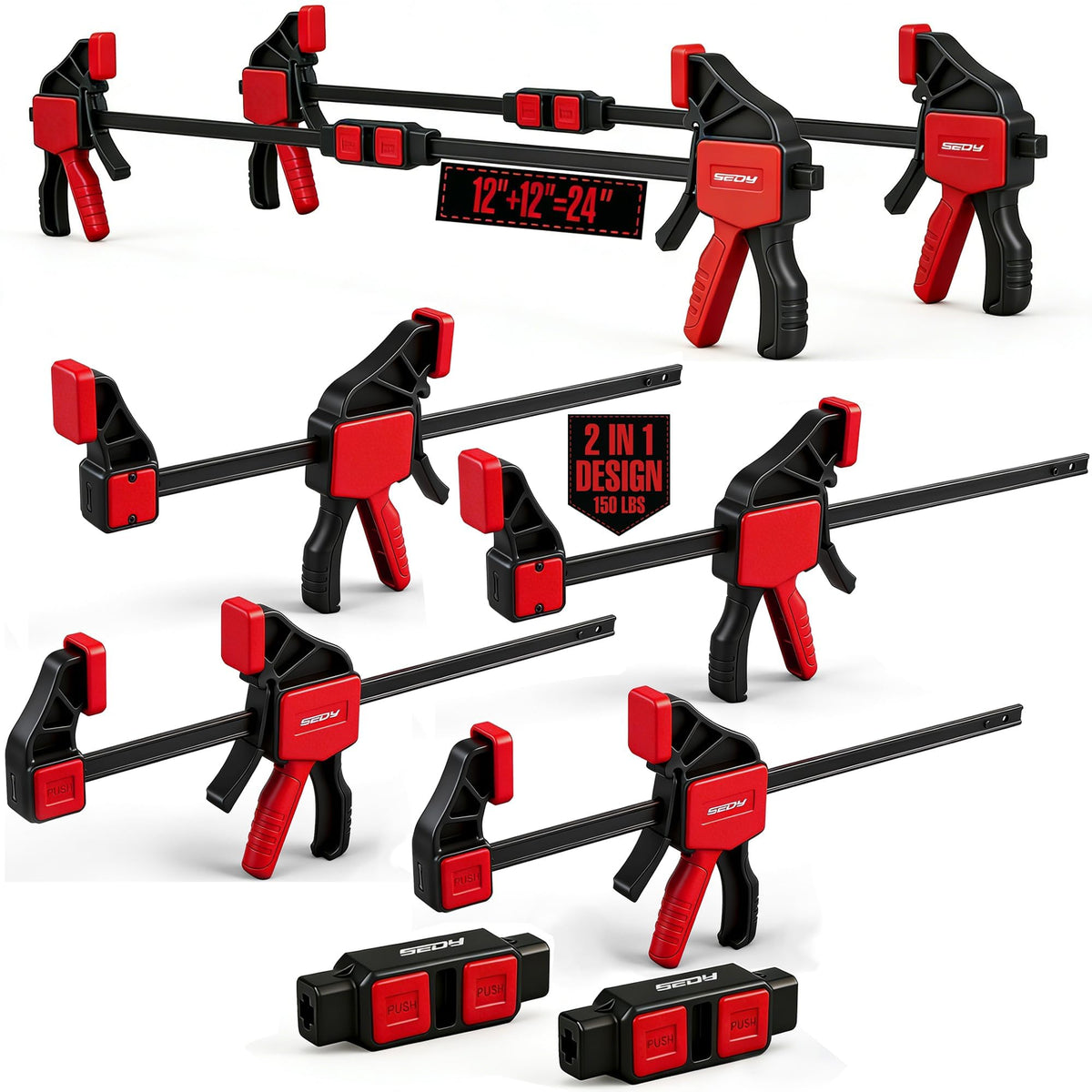 6-Pack 12 Inch Bar Clamps for Woodworking with 2-Piece Clamp Connector, 12" Quick-Release Wood Clamps with 150 LBS Load Limit, Trigger Clamp Set, One-Handed Clamps/Spreader for Woodworking