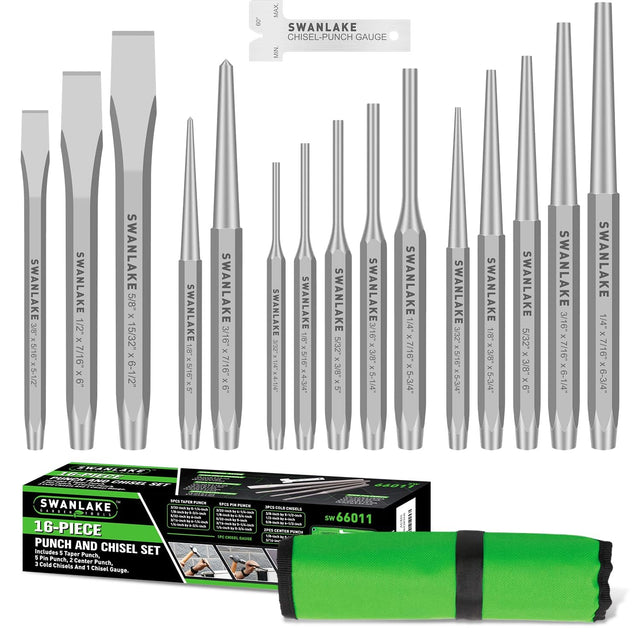 16-Piece Precision Punch & Chisel Set - Taper Punch, Pin Center Punch, Cold Chisels & Gauge for Versatile Applications