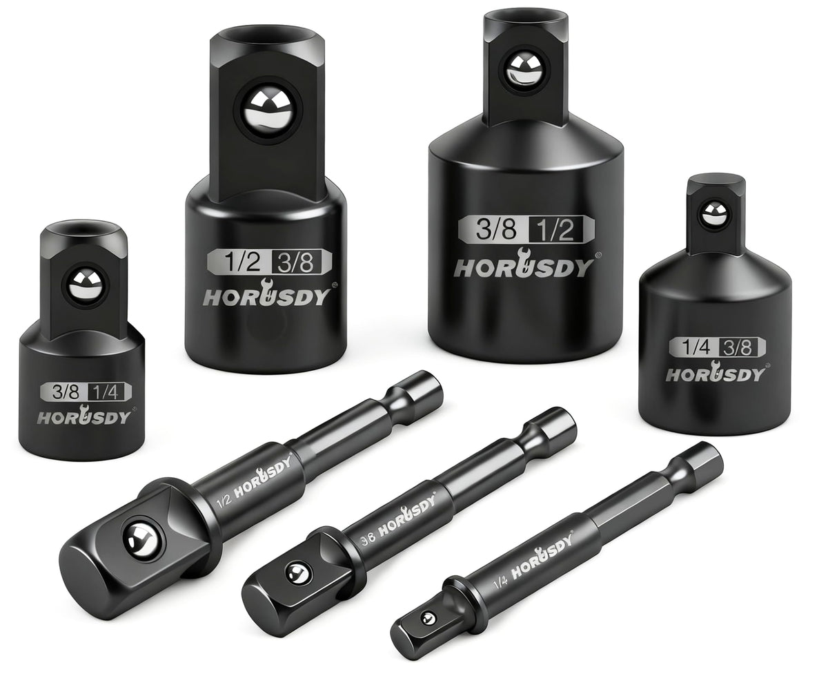 HORUSDY 7 Piece Impact Sockets Adapter Set, Hex Shank Socket to Drill Adapter 1/4" 3/8" 1/2", Cr-V Steel Impact Driver Wrench Socket Reducer Set