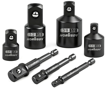 HORUSDY 7 Piece Impact Sockets Adapter Set, Hex Shank Socket to Drill Adapter 1/4" 3/8" 1/2", Cr-V Steel Impact Driver Wrench Socket Reducer Set