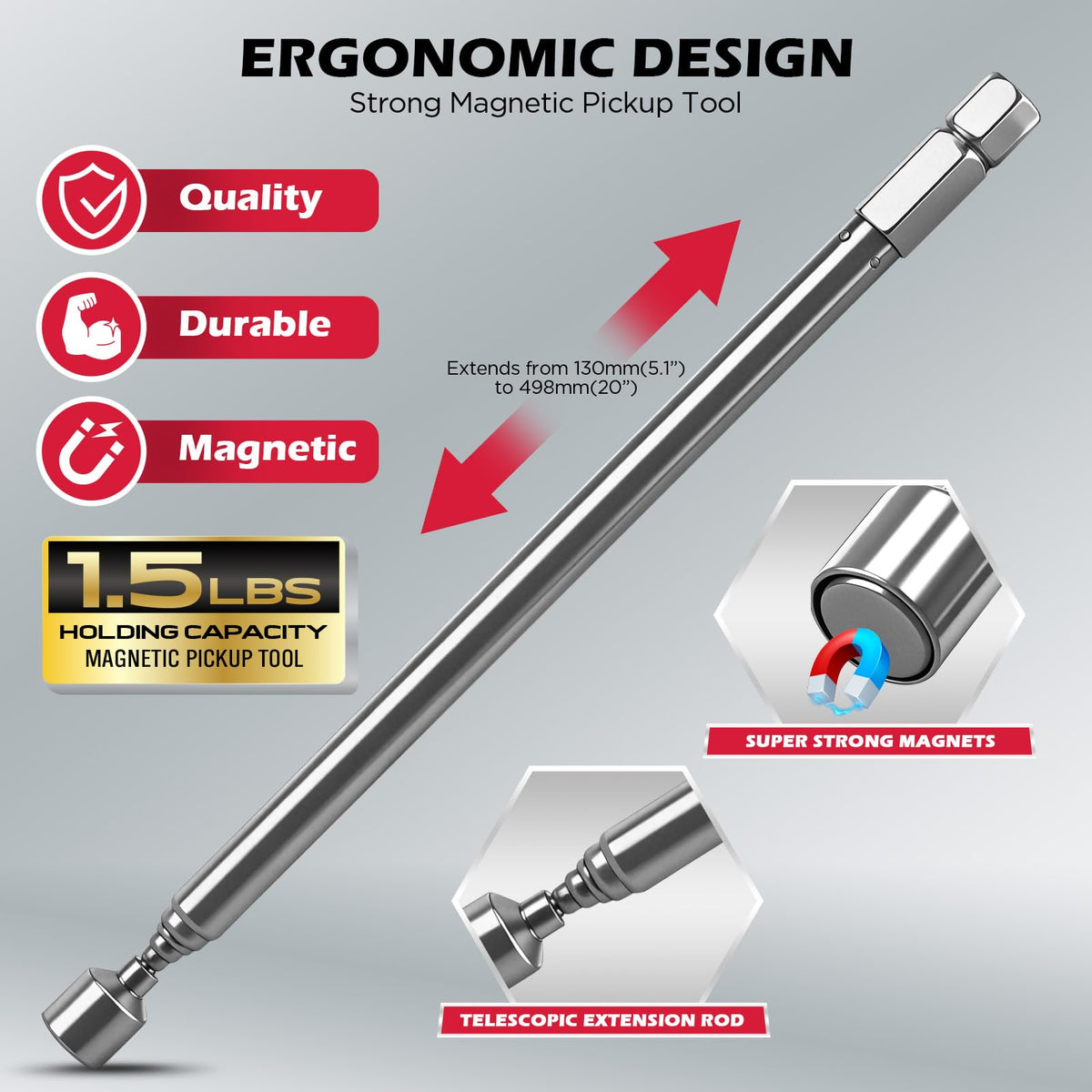 22-Piece Magnetic Extra Long Nut Driver Set, SAE (9/16"-1/4") & Metric (8-15mm), 6" Impact Nut Drivers with PH2 Bits, 1.5lb Telescoping Magnetic Pickup Tool & Storage Rail, 1/4" Hex Shank, S2 Steel
