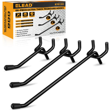 66-Piece 2/4/6 Inch Extra Thick Pegboard Hooks, Heavy Duty Peg Board Organizer Accessories, Peg Board Tool Hangers Fit for 1/4" Pegboard Hanging Tools Garage, Workshop, and Craft Storage