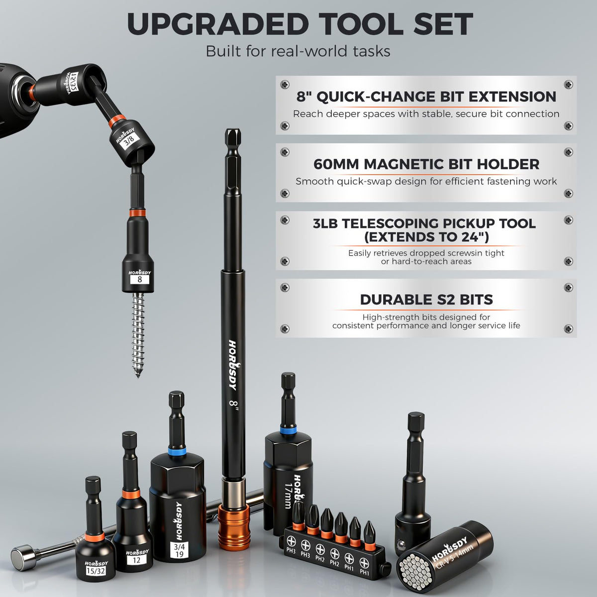 Upgraded 79-Piece Magnetic Impact Nut Driver Set, Metric & SAE with 3LB Magnetic Pickup Tool, Socket Adapters, Wing Nut Driver, Universal Sockets, Quick-Change Bit Holder & Extensions, Power Bits