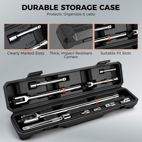 HORUSDY 10-Piece Dual-Drive Breaker Bar Set, Heavy-Duty Torque Kit with 360° Rotatable Head, Premium Cr-V Steel, Spring-loaded Detent Ball, Extension Bars & Socket Adapters, Durable Storage Case