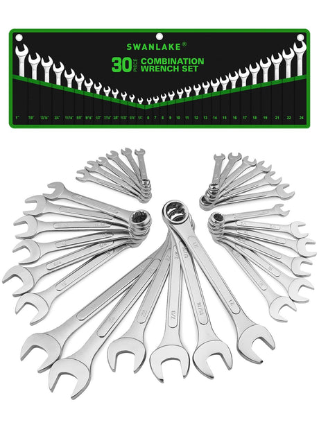 30-Piece Combination Wrench Set, Metric (6mm-24mm) & SAE (1''-1/4"), Standard Spanner Wrench Set, Mechanic Tool Sets with Rolling Pouch, Open End Wrenches for Household, Garage, Workshop, Auto Repairs