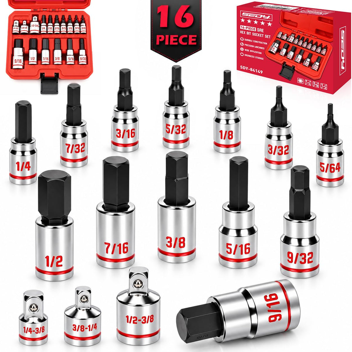16-Piece SAE Hex Bit Socket Set, Premium S2 Steel, 5/64" - 9/16" Sockets