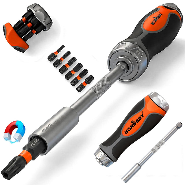 HORUSDY 6-in-1 Ratcheting Screwdriver Set, Magnetic Multi-Bit Screwdriver with Built-in Premium S2 Bits & 126mm Extension Bar, Dad Mens Gifts for Christmas, All-in-One Tool for Home Repair, DIY