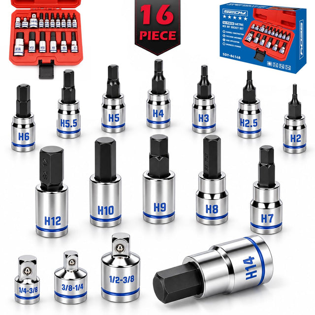 16-Piece Metric Hex Bit Socket Set, Premium S2 Steel, 2-14mm Allen