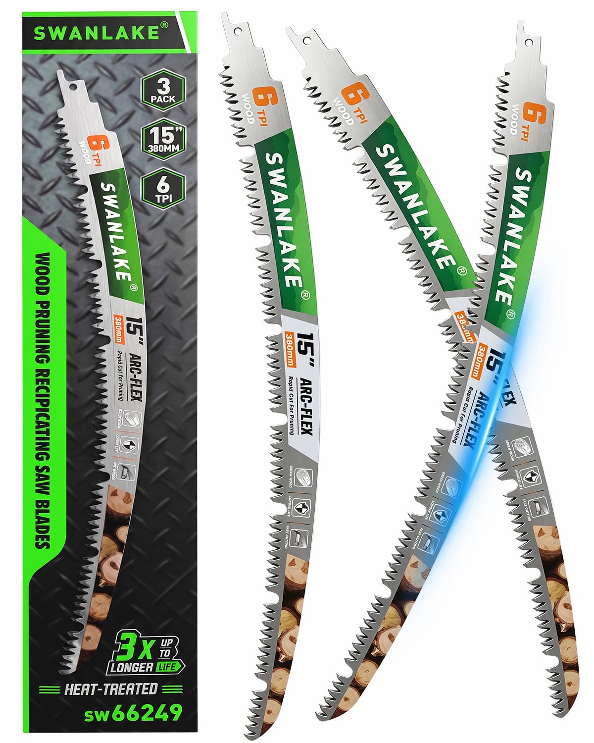 15-Inch Reciprocating Saw Blades, 3-Pack 6TPI Arc Edge for Pruning