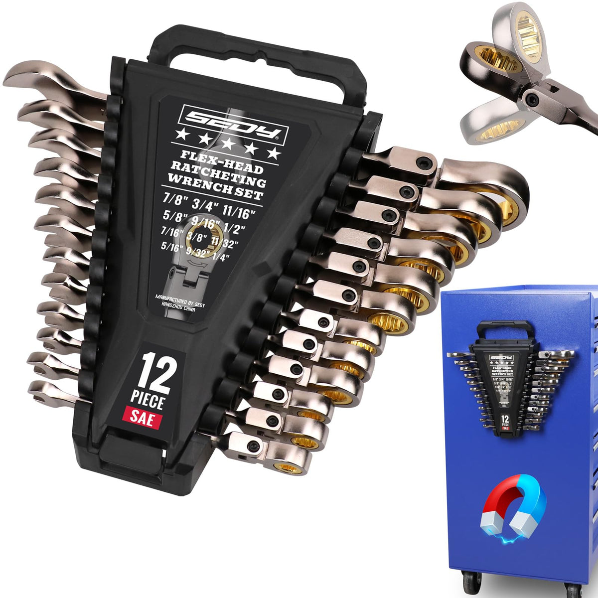 SEDY Premium 12-Piece SAE Flex-Head Ratchet Wrenches Set 1/4"-7/8" with Magnetic Organizer, Cr-V Steel Ratcheting Wrench Set with 72 Teeth 180° Flex Head, Ratchet Combination Wrench Set for Repair
