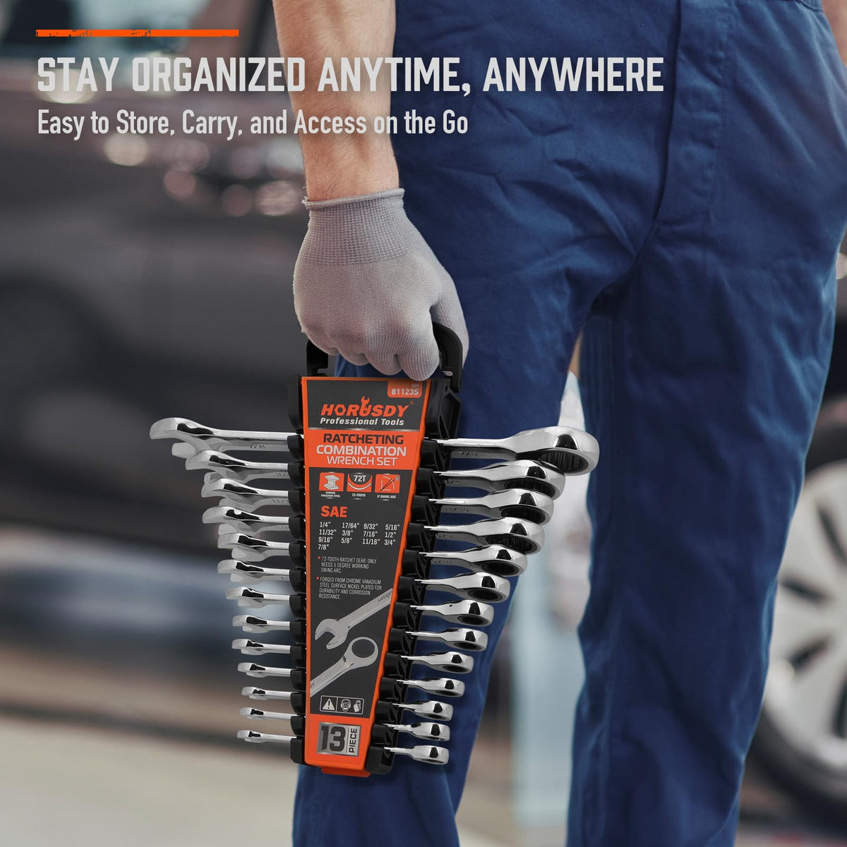 HORUSDY 13-Piece Sturdy Ratcheting Wrench Set | SAE 1/4''–7/8'' | Max Torque Ratchet Combination Wrenches Set with Storage Rack | 72-Tooth | Chrome Vanadium Steel