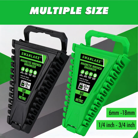 2-Piece Magnetic Wrench Organizer, Metric & SAE Portable Plastic Wrench Holder, 24-Slot Total, Foldable Carrying Handle for Wall-Mounted, Easy-Open Lock Cover, Wrenches Storage Rack Tool for Tool Box
