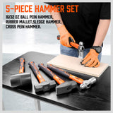 HORUSDY 5-Piece Hammer Set, 16oz and 32oz Ball Pein Hammers, 32oz Rubber Mallet, 3lb Sledge, 3lb Cross Peen Hammer