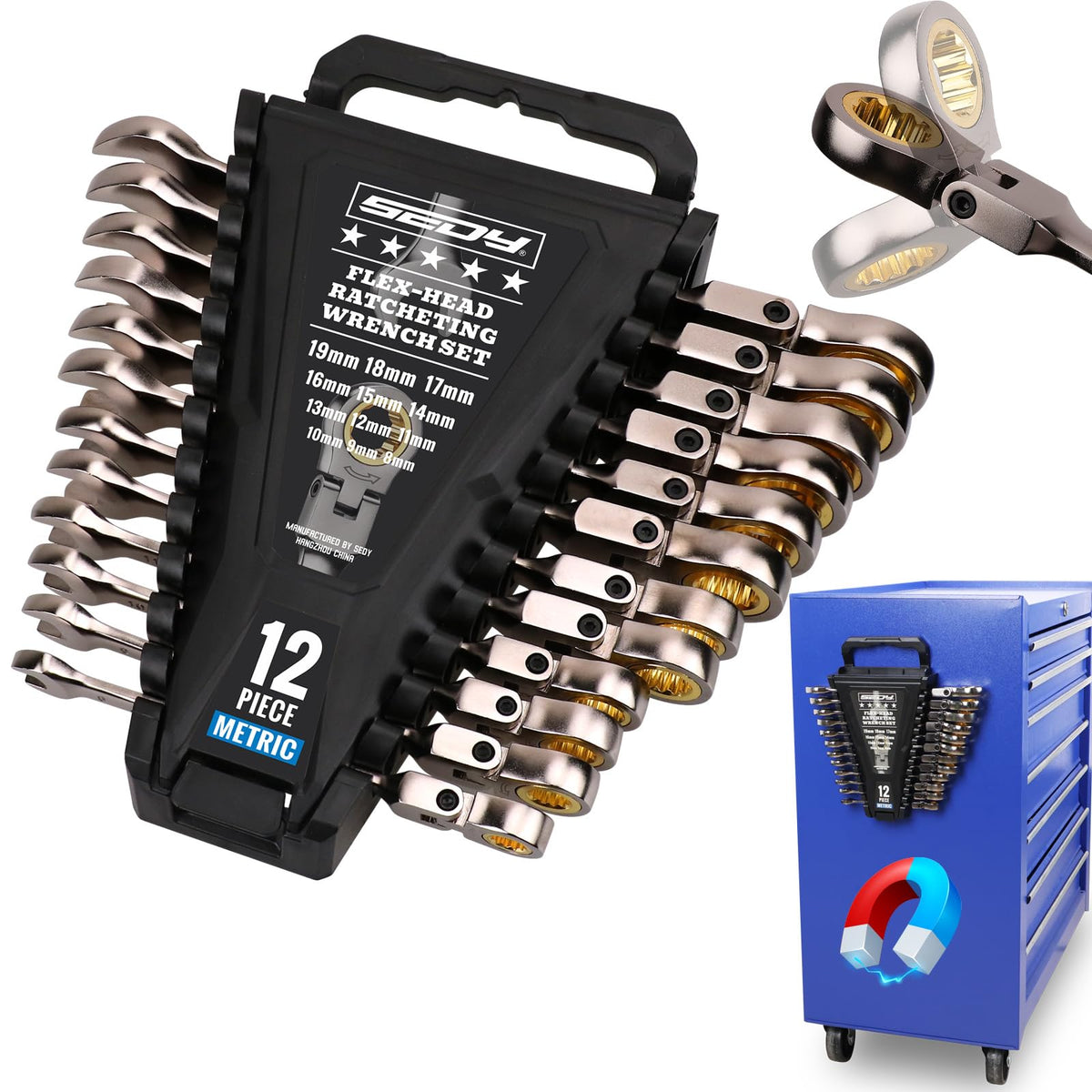 SEDY Premium 12-Piece Metric Flex-Head Ratchet Wrenches Set 8-19mm with Magnetic Organizer, Cr-V Steel Ratcheting Wrench Set with 72 Teeth 180° Flex Head, Ratchet Combination Wrench Set for Repair