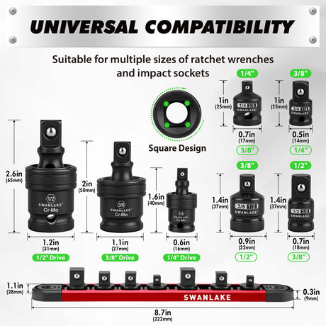 7-Piece Impact Swivel Socket Adapter Set, 1/4" 3/8" 1/2" Drive Universal Joint Socket Set CR-MO Steel, Wobble Joint Sockets Reducer with Magnetic Aluminum Sockets Rail