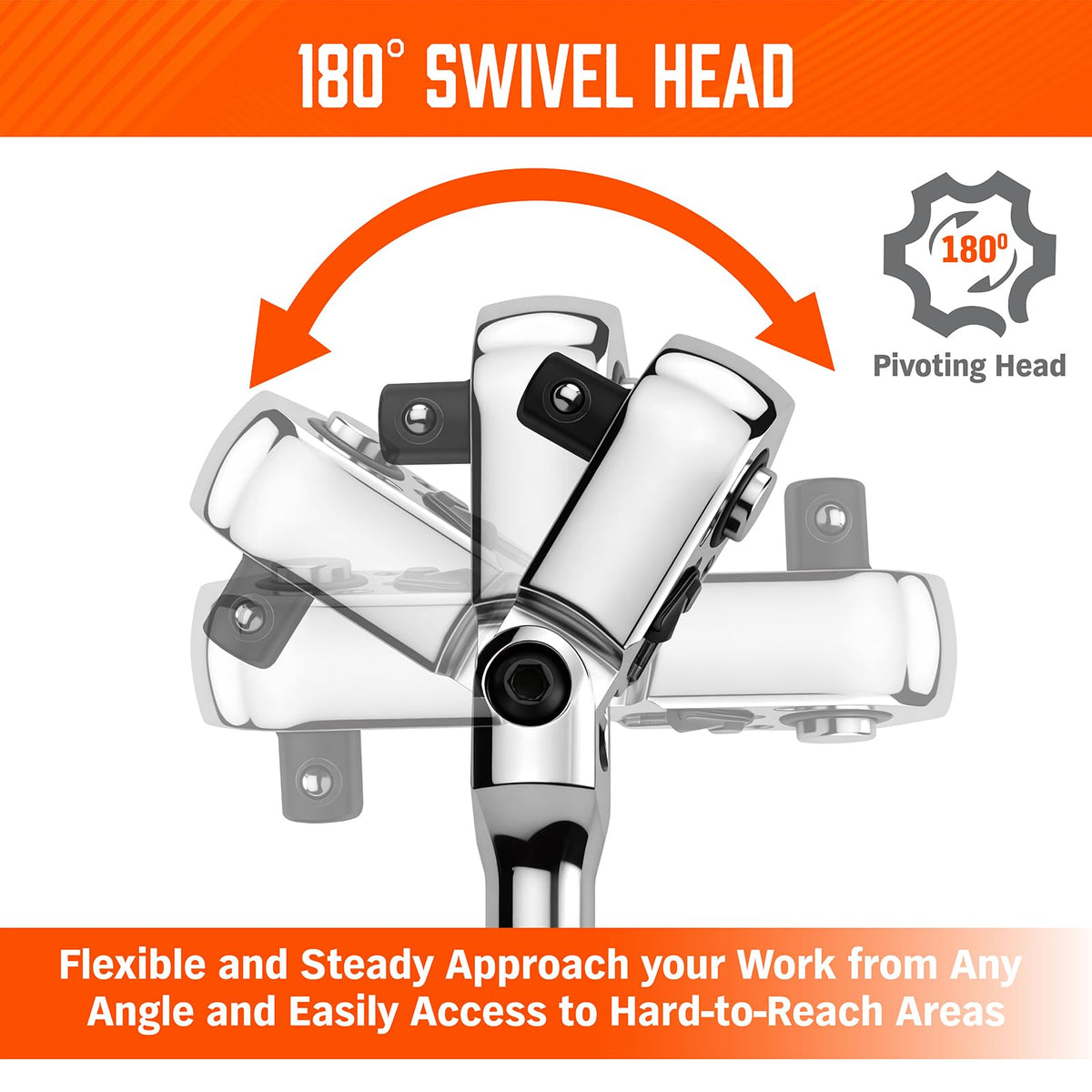 10-Piece Flex-Head Ratchet Set, 1/4", 3/8" & 1/2" Drive Socket Wrenches, 90-Tooth Quick-Release Reversible Low-Profile, Extension Bars (4", 10", 6") & 4 Adapters for Automotive, Bike, and Home Repair