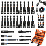 35 PCS Magnetic Nut Driver Set, Impact Drill Driver Bit 1/4" Hex Shank, SAE & Metric Cr-V Steel Nut Drivers with Quick-Release Extensions, Impact Socket Adapters, Bit Holder, 8PCS S2 Bits, Toolbox
